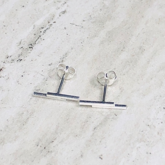 925 Sterling Silver Double Bar Stud Earrings - Picture 2 of 16